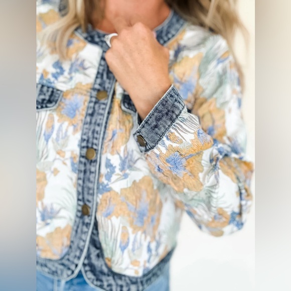 Floral woven jacquard denim button boho bohemian jacket - Picture 9 of 14